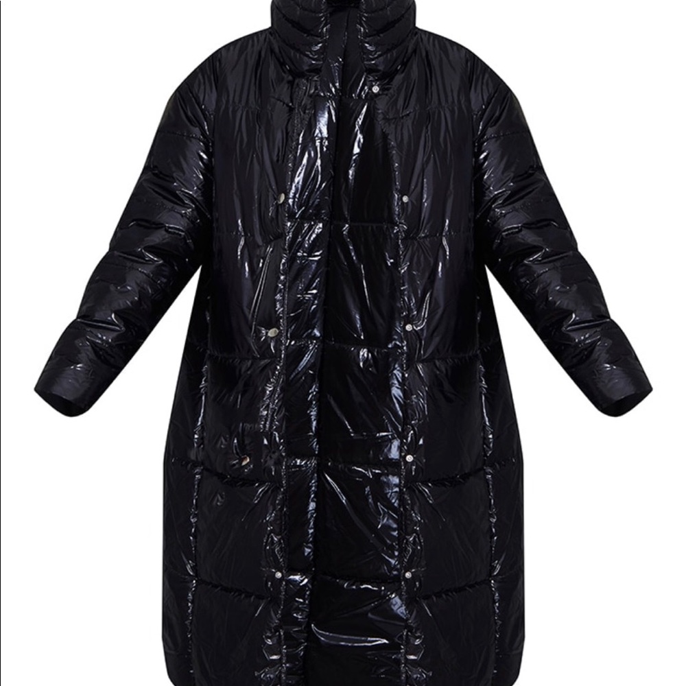 Black high shine popper high collar panel puffer